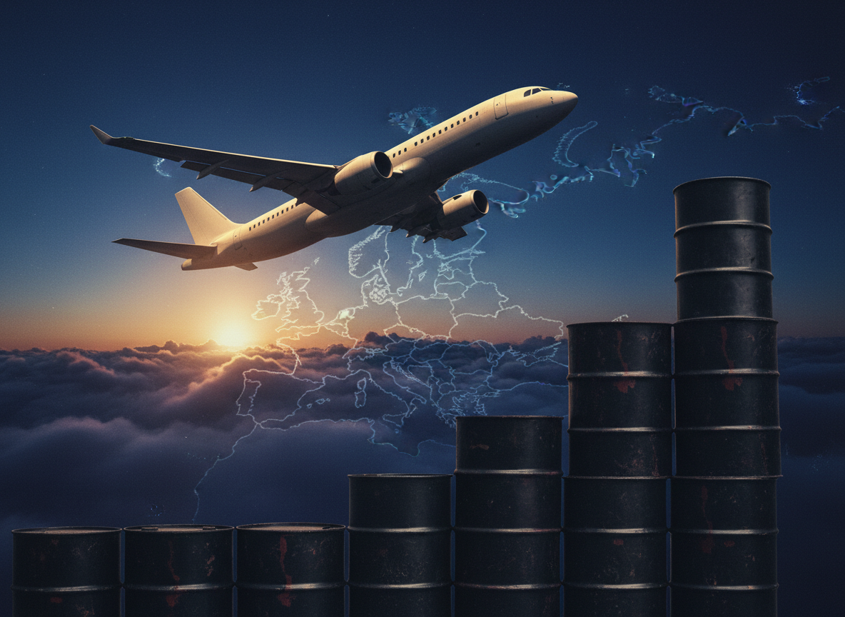 An airliner climbing over a map of Europe above a rising stack of oil barrels, symbolizing airlines facing rising fuel costs