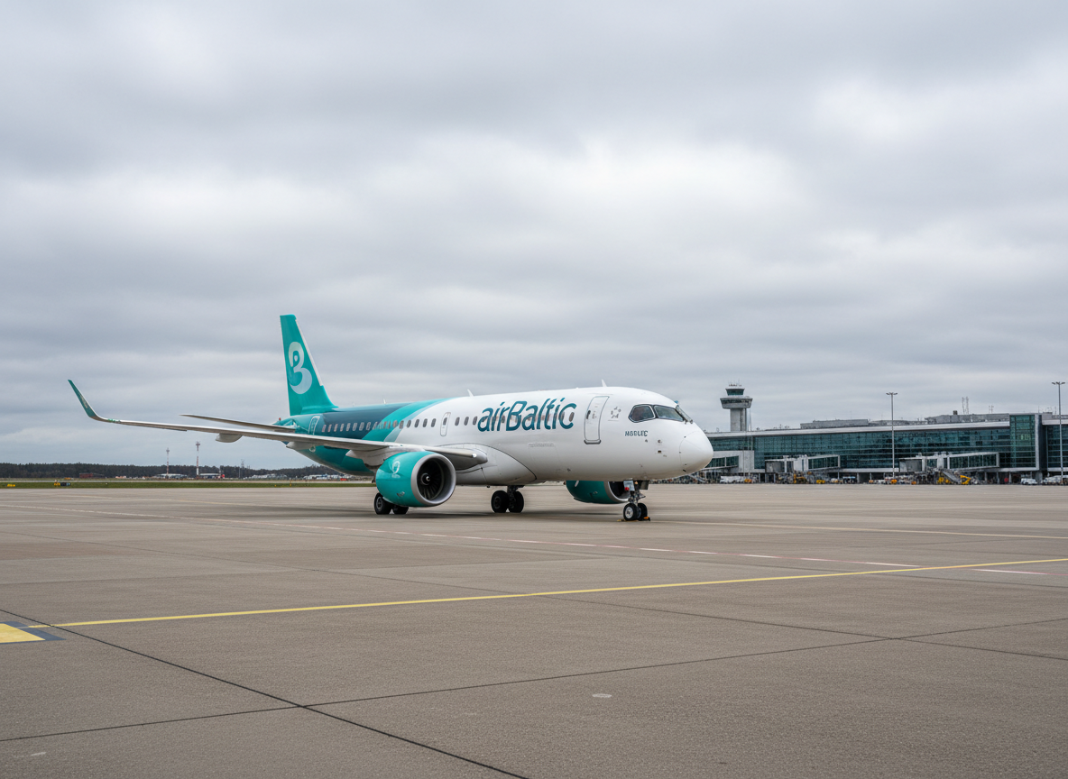 Editorial aviation photograph of an airBaltic Airbus A220-300 aircraft in its teal-and-white livery, parked on a tarmac apron under an overcast Northern European sky, shot from a three-quarter front angle at eye level, clean and professional documentary photography style, no people, no text overlays, realistic lighting