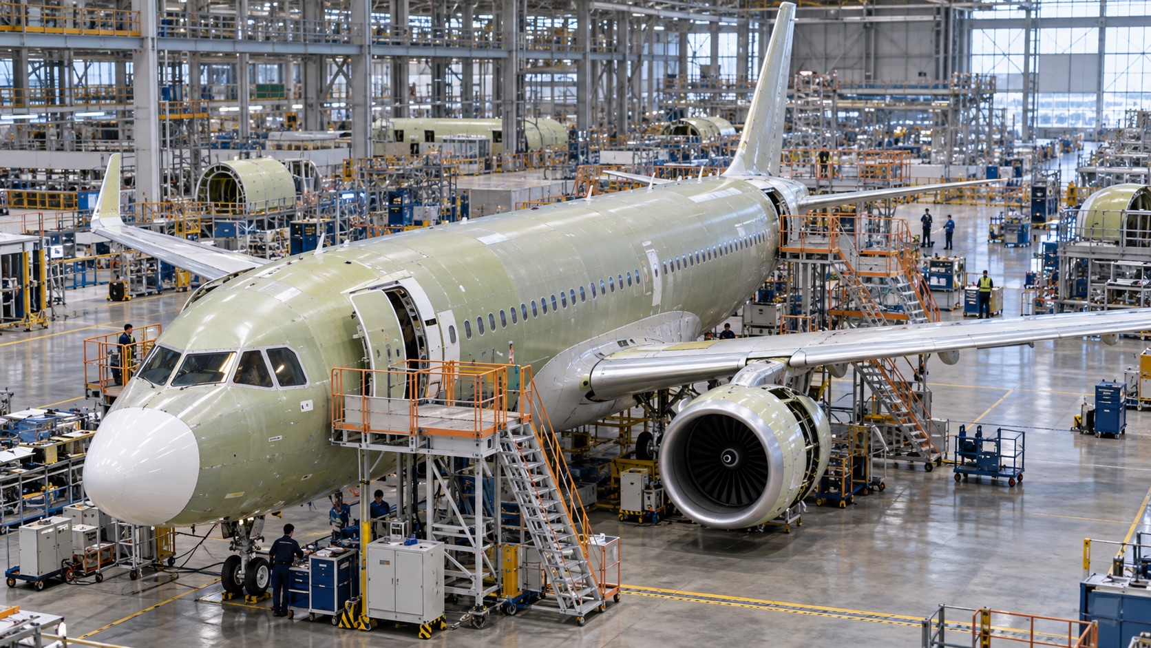 AI-generated illustrative image of a commercial jet on an aircraft assembly line; not an actual Boeing facility.